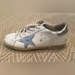 Golden Goose White Leather Sneakers with Light Blue Star and Silver Heel Tab